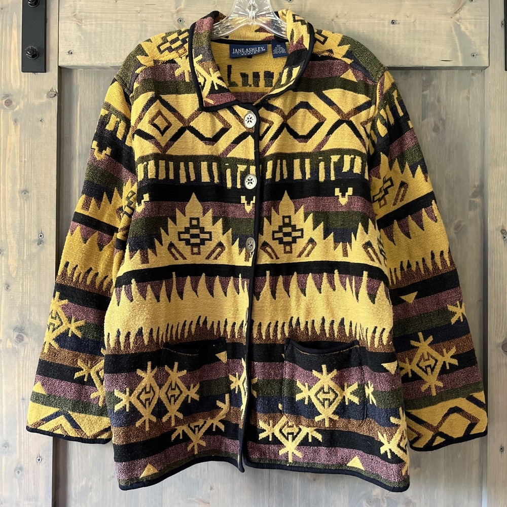 Vintage 90s Jane Ashley Tapestry Jacket Southwestern Aztec‎ Woven Tan Women's 2X